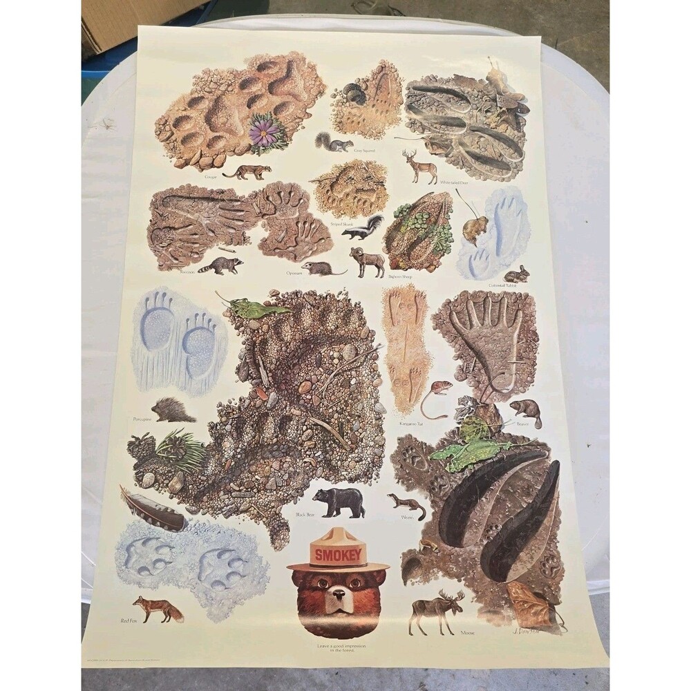 1984 Smokey the Bear leave a good impression animal Tracks Poster USDA 20“ x 30“